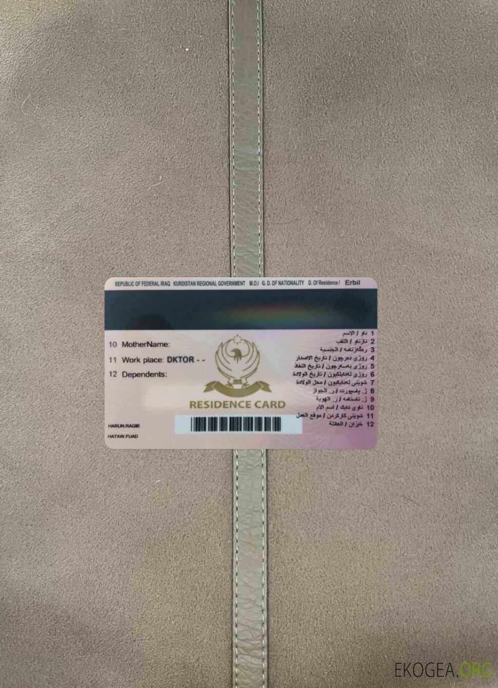 Photo de la carte de séjour en Irak (Kurdistan) RETOUR